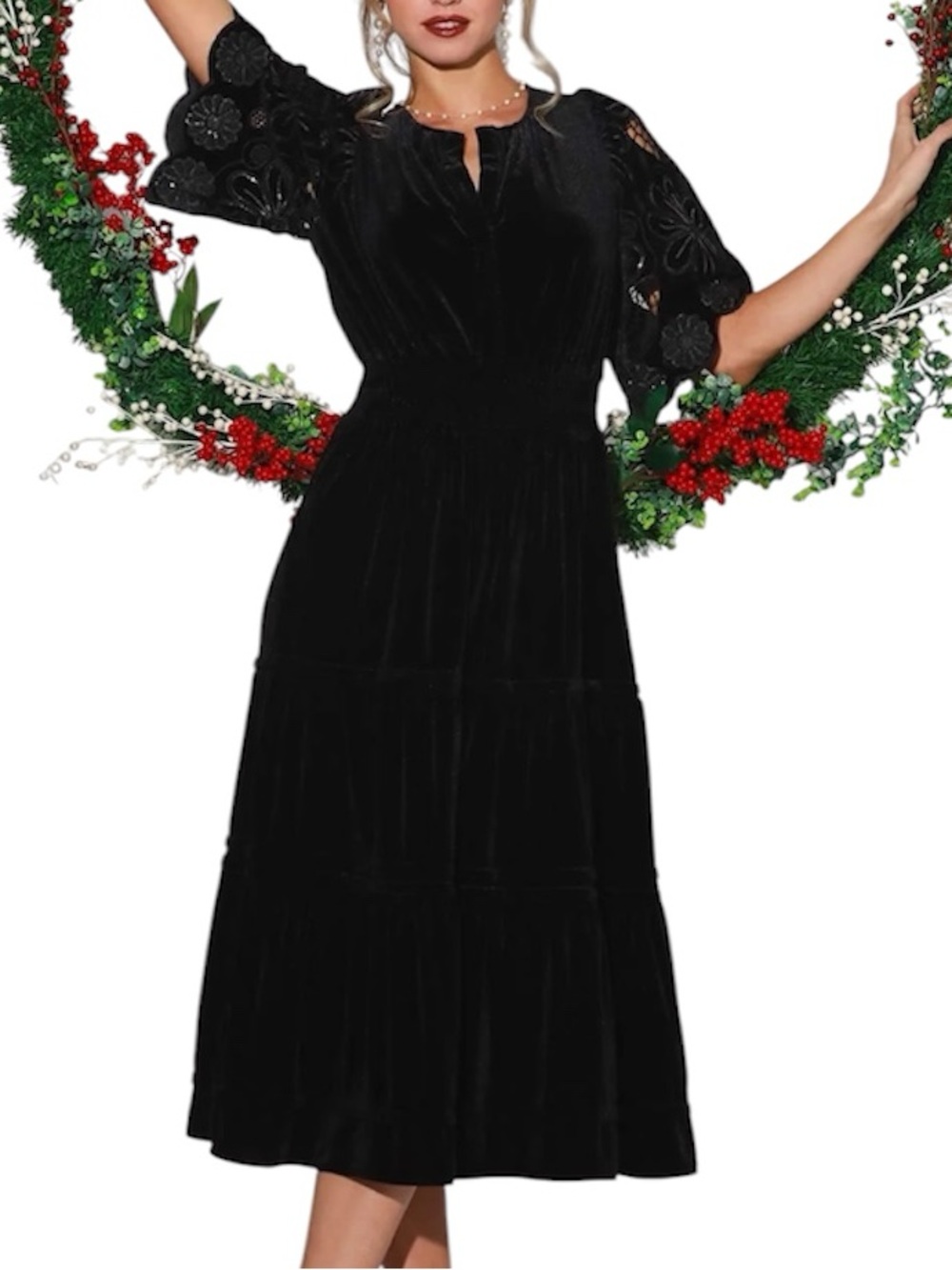 Umgee Black Velvet Midi Dress with Embroidered Flutter Sleeves
